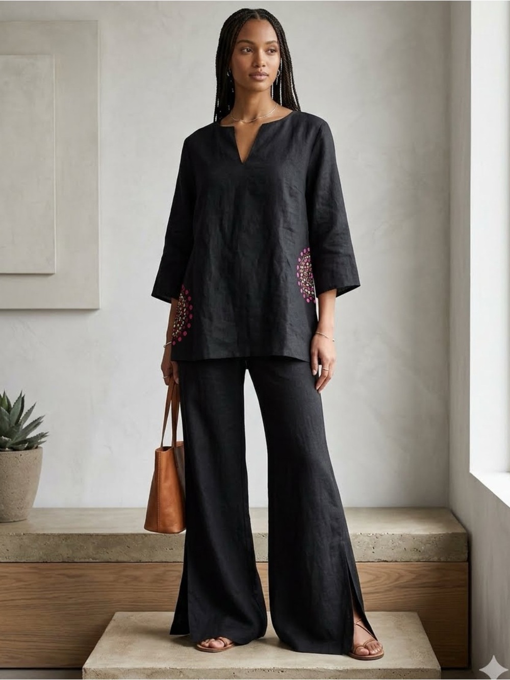 Sara Isabella Irish Linen Tunic Top Black Embroidered Boho Artsy V-Neck Sz 20